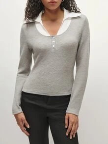 TRNVIE 2026 Fall New Arrival Women's Top For Office, Casual Grey Contrast Collar Fitted Long Sleeve Top - Grey - View 6