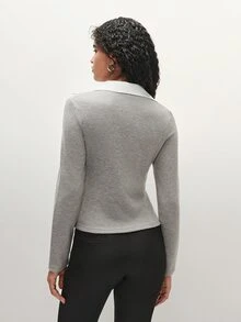 TRNVIE 2026 Fall New Arrival Women's Top For Office, Casual Grey Contrast Collar Fitted Long Sleeve Top - Grey - View 2