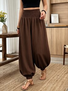 Louniche 女款秋冬休閒度假收腰寬鬆紋理布料燈籠褲，適合日常穿著與度假 - 咖啡棕 - 查看 4