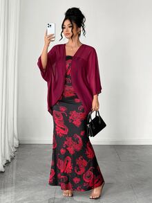 Elenzga Plus Size Women's All-Over Print Dress And Cardigan Fashion Set - Multicolor - View 10