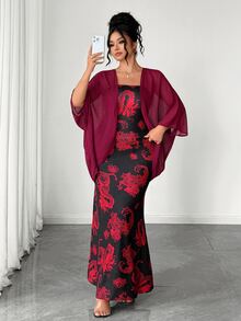 Elenzga Plus Size Women's All-Over Print Dress And Cardigan Fashion Set - Multicolor - View 4