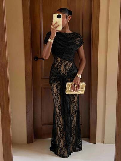 Lumalex Women's Ultra-Long Soft Flowy Black Lace Ruched Waist Bodycon Dress With Shawl Tie Straps And Ribbon Elegant Luxury Evening Gown Festival Prom