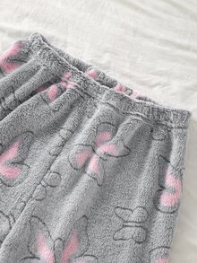 女童蝴蝶厚抓絨連帽睡衣套裝，長袖上衣與長褲，保暖秋冬休閒睡衣與居家服 - 彩色 - 查看 5