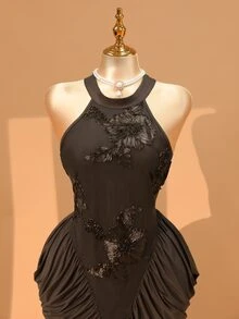 Rometta Plus Size Women's Knitted Vintage Brown Halter Neck Tie Embroidered Ruched Bodycon Mermaid Long Dress For Date, Party And Multiple Occasions - Brown - View 4