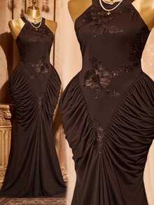 Rometta Plus Size Women's Knitted Vintage Brown Halter Neck Tie Embroidered Ruched Bodycon Mermaid Long Dress For Date, Party And Multiple Occasions - Brown - View 8