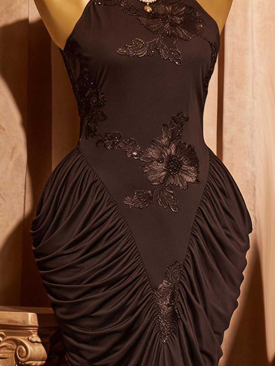 Rometta Plus Size Women's Knitted Vintage Brown Halter Neck Tie Embroidered Ruched Bodycon Mermaid Long Dress For Date, Party And Multiple Occasions - Brown - View 1