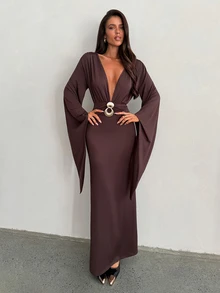 Aloruh 女款秋冬深V領金屬裝飾喇叭袖洋裝 - 棕色 - 查看 7