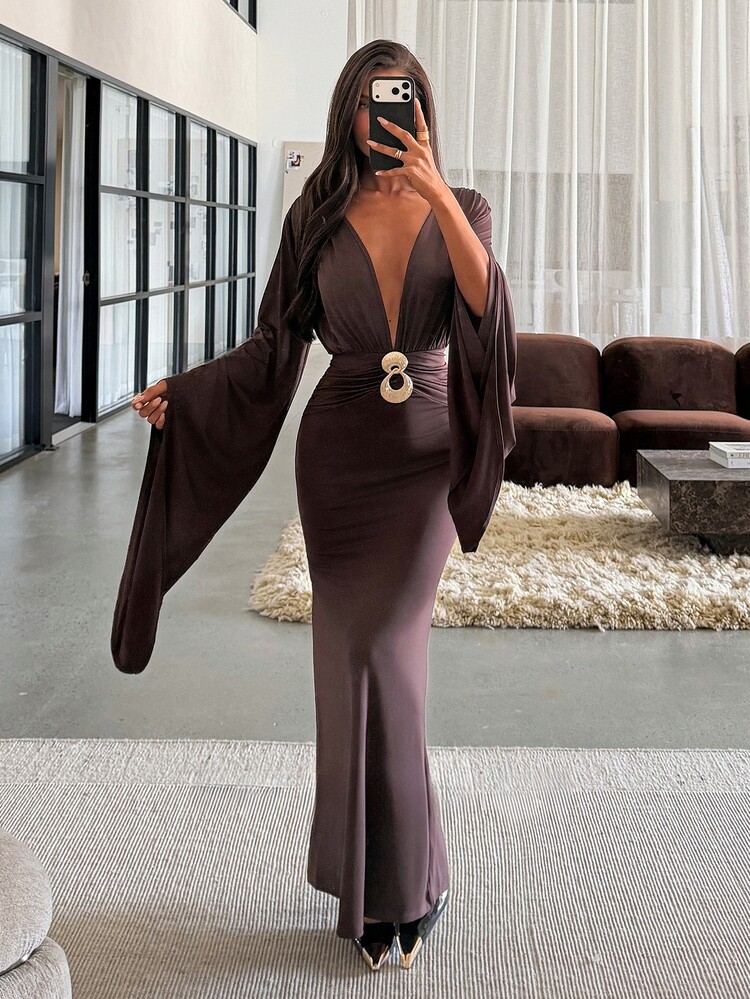 Aloruh Women's Autumn/Winter Deep V-Neck Metal Decor Bell Sleeve Dress - Brown - View 8