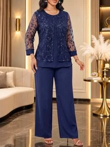 SHEIN Lady 女款對比蕾絲長袖圓領上衣與寬鬆長褲兩件套 - 藏蓝色 - 查看 7
