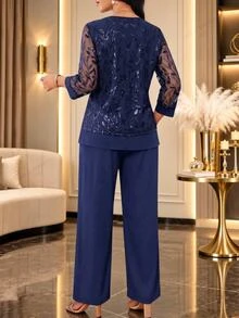 SHEIN Lady 女款對比蕾絲長袖圓領上衣與寬鬆長褲兩件套 - 藏蓝色 - 查看 4