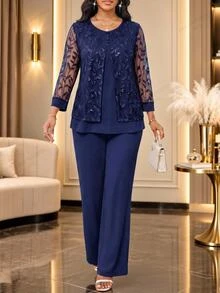 SHEIN Lady 女款對比蕾絲長袖圓領上衣與寬鬆長褲兩件套 - 藏蓝色 - 查看 3