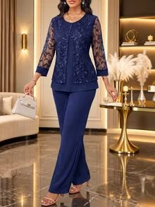 SHEIN Lady 女款對比蕾絲長袖圓領上衣與寬鬆長褲兩件套 - 藏蓝色 - 查看 2