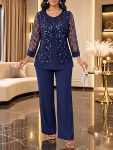 SHEIN Lady 女款對比蕾絲長袖圓領上衣與寬鬆長褲兩件套 - 藏蓝色 - 查看 5