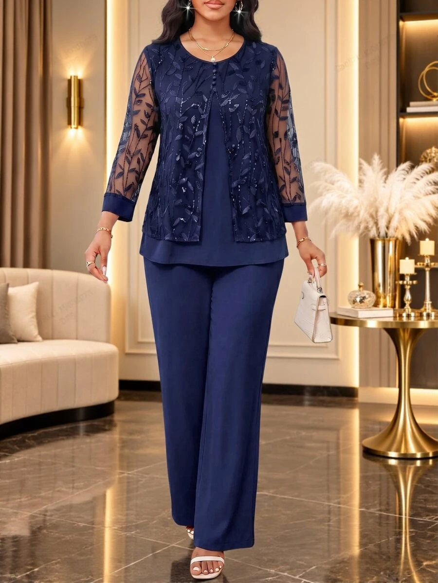 SHEIN Lady 女款對比蕾絲長袖圓領上衣與寬鬆長褲兩件套 - 藏蓝色 - 查看 1
