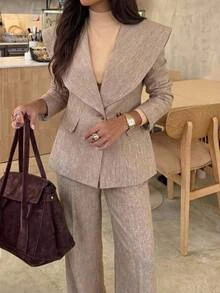Aloruh Women's Autumn/Winter Brown Textured Lapel Waist-Cinching Blazer + Striped Wide-Leg Long Pants Suit Set - Brown - View 2