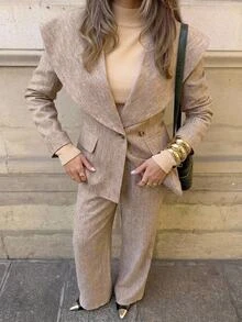 Aloruh Women's Autumn/Winter Brown Textured Lapel Waist-Cinching Blazer + Striped Wide-Leg Long Pants Suit Set - Brown - View 1