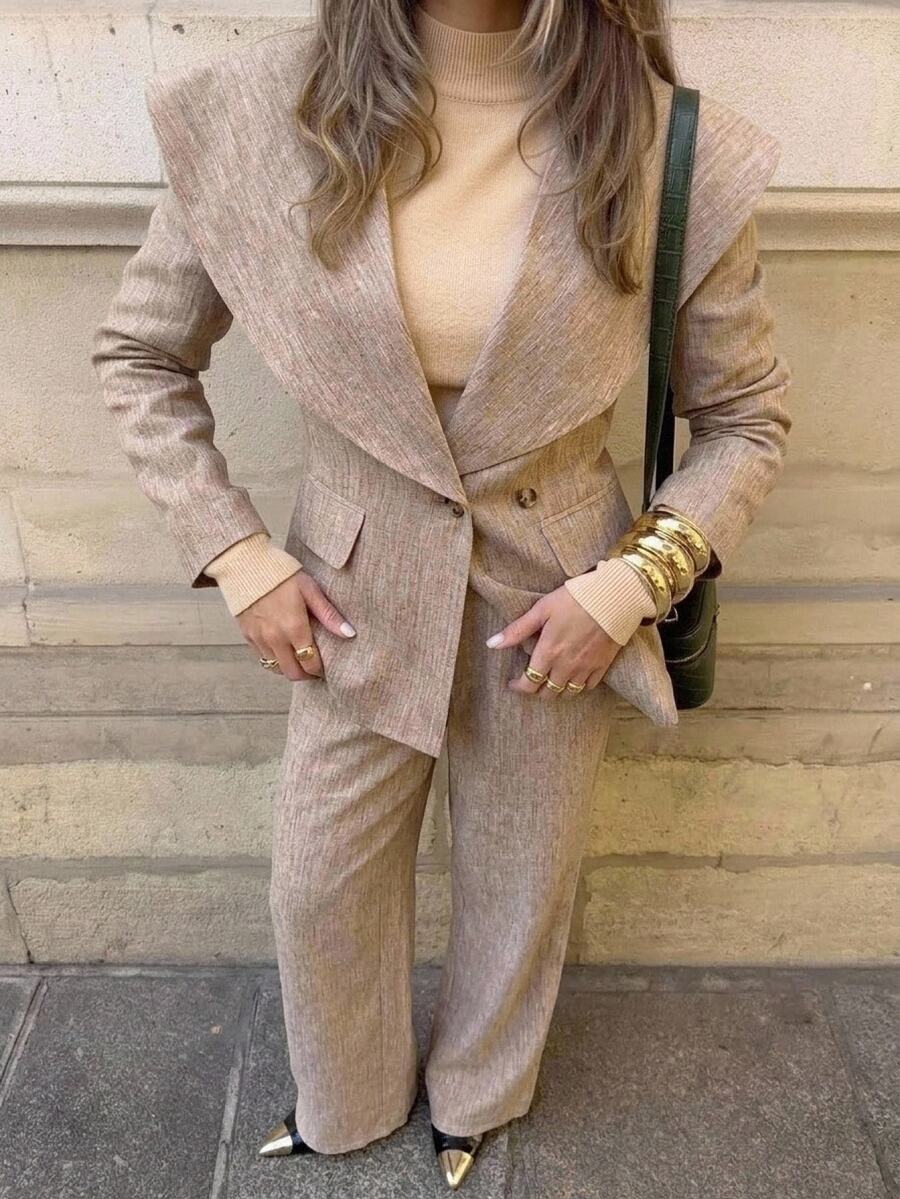 Aloruh Women's Autumn/Winter Brown Textured Lapel Waist-Cinching Blazer + Striped Wide-Leg Long Pants Suit Set - Brown - View 1