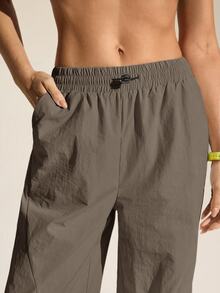 SHEIN Sports 女款素色百褶休閒百搭日常戶外長褲 - 深灰色 - 查看 10