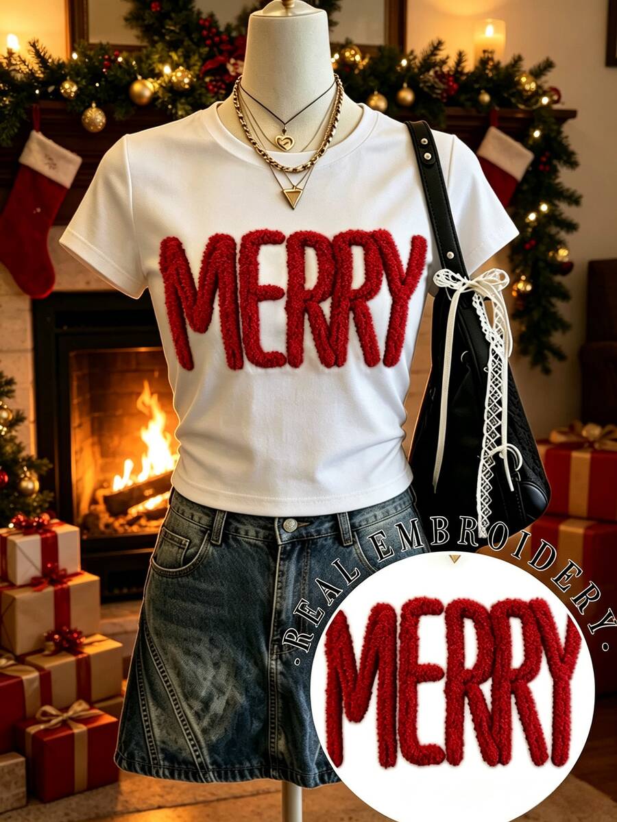 Lalippa MERRY 刺繡落肩短袖 T-shirt,快樂歡快雪尼爾紗休閒上衣,聖誕個性化短袖上衣,基督徒客製 - 白色 - 查看 1