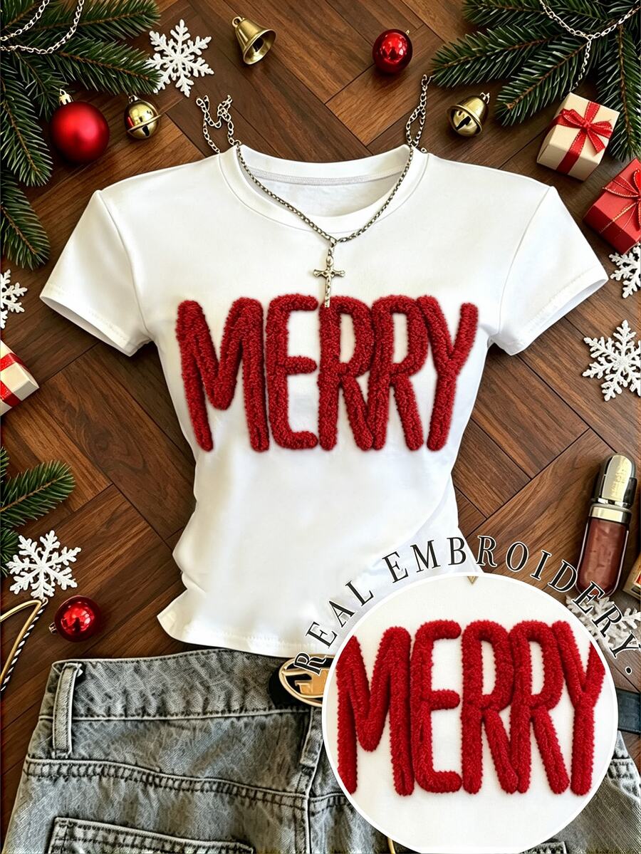 IslaSuriya MERRY 刺繡落肩短袖 T-shirt,快樂歡快雪尼爾紗休閒上衣,聖誕個性化短袖上衣,基督徒客製 - 白色 - 查看 1