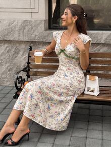 Elyressa Women's Deep V-Neck Floral Print Bow Decor Casual Gothic Modest Party Vacation Dress Beige Summer - Multicolor - View 5