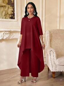 SHEIN Lady 夏季女款深紅色長袖不對稱兩件式套裝，適合返校日、早午餐、茶會、半正式派對的優雅洋裝 - 酒紅色 - 查看 3