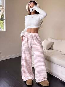 Flirla Women's Long Casual Fleece Straight Leg Pants Lounge Pink And White Striped Winter - Pink - View 6