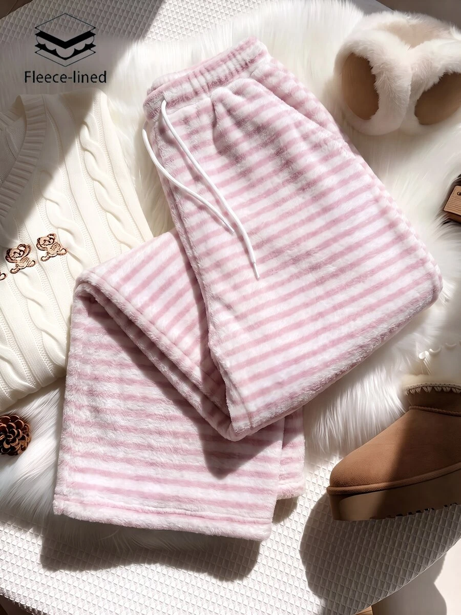 Flirla Women's Long Casual Fleece Straight Leg Pants Lounge Pink And White Striped Winter - Pink - View 1