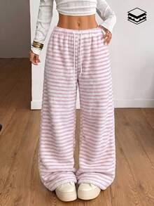 Flirla Women's Long Casual Fleece Straight Leg Pants Lounge Pink And White Striped Winter - Pink - View 3
