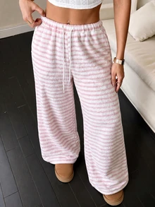 Flirla Women's Long Casual Fleece Straight Leg Pants Lounge Pink And White Striped Winter - Pink - View 5