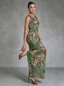 CHARMVALE Women's Long Green Leopard Print Floral Vacation Style Dress Party Night Out Summer Sexy - Green - View 2