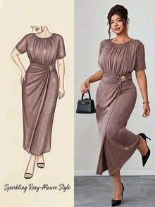 Reflora Plus Size Elegant Party Glitter Wrap Dress Christmas - Brown - View 8