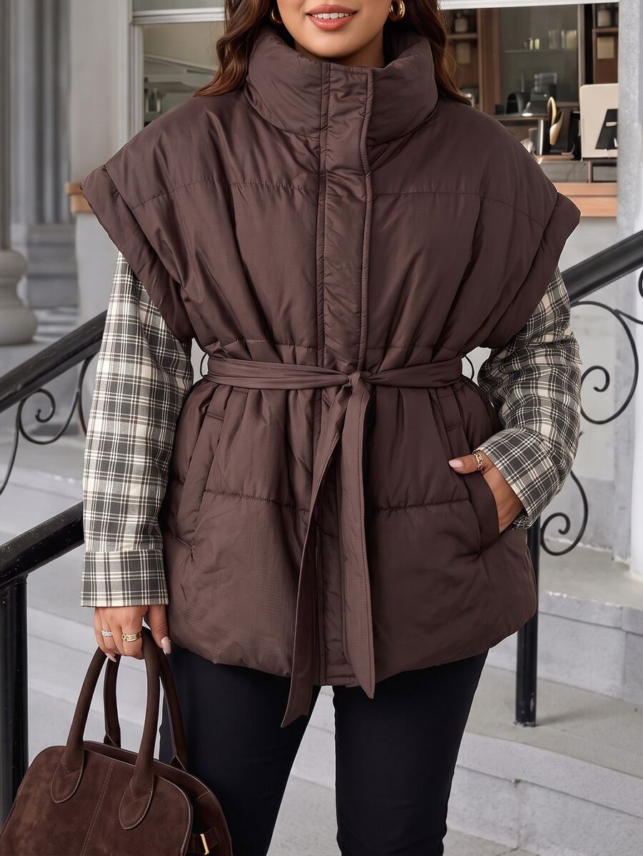 Chikora Plus Size Women's Solid Color Stand Collar Waist Knot Winter Jacket - Brown - View 1
