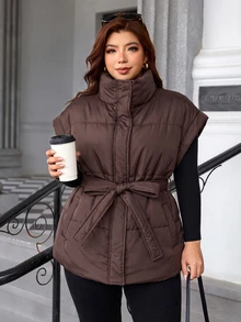 Chikora Plus Size Women's Solid Color Stand Collar Waist Knot Winter Jacket - Brown - View 5