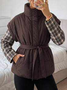 Chikora Plus Size Women's Solid Color Stand Collar Waist Knot Winter Jacket - Brown - View 9