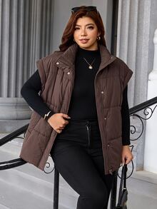 Chikora Plus Size Women's Solid Color Stand Collar Waist Knot Winter Jacket - Brown - View 7