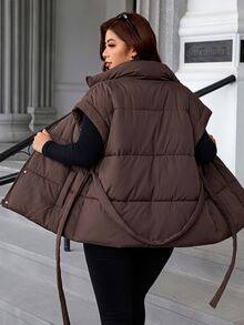 Chikora Plus Size Women's Solid Color Stand Collar Waist Knot Winter Jacket - Brown - View 2