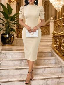 SHEIN Lady 女款優雅紋理鈕扣泡泡袖修身洋裝，適合婚禮、早午餐、辦公室、茶會賓客、生日、教師節，米色夏季款 - 卡其色 - 查看 5