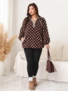 SHEIN LUNE Plus Size Autumn/Winter Casual Polka Dot Print Warm Sweatshirt Fall - Coffee Brown - View 7