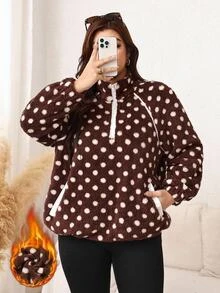 SHEIN LUNE Plus Size Autumn/Winter Casual Polka Dot Print Warm Sweatshirt Fall - Coffee Brown - View 1