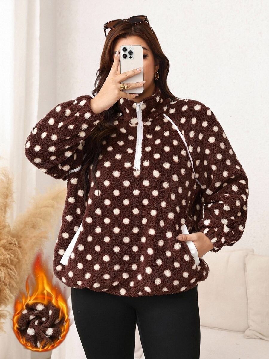 SHEIN LUNE Plus Size Autumn/Winter Casual Polka Dot Print Warm Sweatshirt Fall - Coffee Brown - View 1