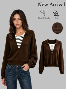 Sweetra Brown Striped 2 In 1 Patchwork Loose Casual Fashion Commute Slouchy Pullover Sweater For Women Everyday Home Fall - Coffee Brown - View 1