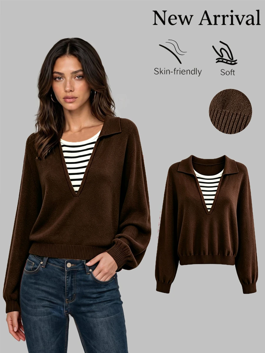 Sweetra Brown Striped 2 In 1 Patchwork Loose Casual Fashion Commute Slouchy Pullover Sweater For Women Everyday Home Fall - Coffee Brown - View 1