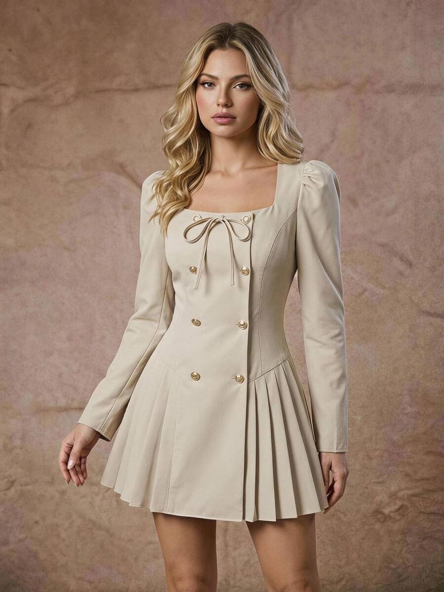 SHEIN MOD Women's Solid Color Pleated Casual Commute Travel Blazer - Apricot - View 1