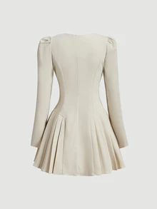 SHEIN MOD Women's Solid Color Pleated Casual Commute Travel Blazer - Apricot - View 4