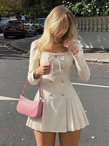SHEIN MOD Women's Solid Color Pleated Casual Commute Travel Blazer - Apricot - View 2
