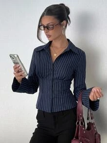 Aloruh 女款優雅休閒通勤辦公商務工作海軍藍條紋長袖收腰百褶襯衫套裝，秋季女式工作上衣 - 藍白色 - 查看 4
