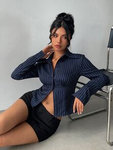 Aloruh 女款優雅休閒通勤辦公商務工作海軍藍條紋長袖收腰百褶襯衫套裝，秋季女式工作上衣 - 藍白色 - 查看 5