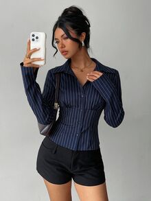 Aloruh 女款優雅休閒通勤辦公商務工作海軍藍條紋長袖收腰百褶襯衫套裝，秋季女式工作上衣 - 藍白色 - 查看 9