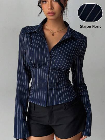 Aloruh Women's Elegant Commute Office Navy And White Stripes Long Sleeve Cinched Waist Pleated Long Sleeve Shirt,Women Office Shirt,Women Office Outfits